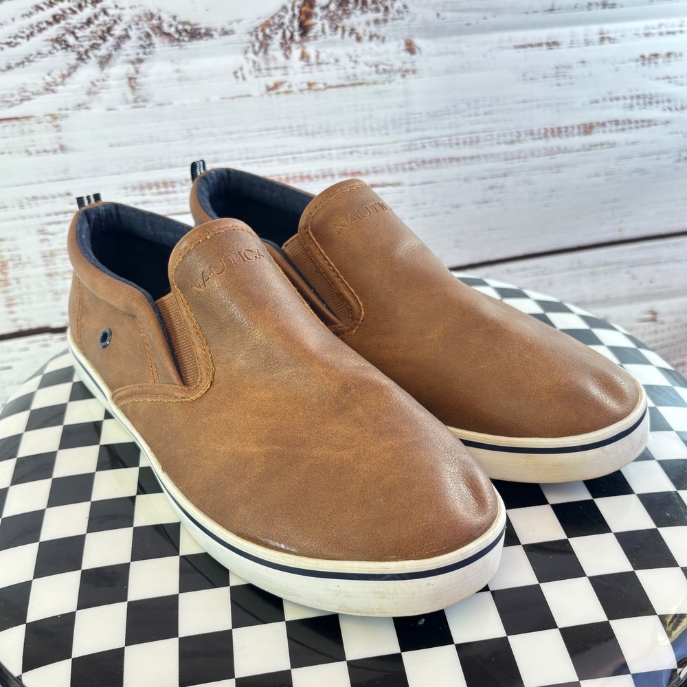 Slip On Sneaker Nautica Size 6 Brown Faux Leather Akeley Loafer Preppy Cognac